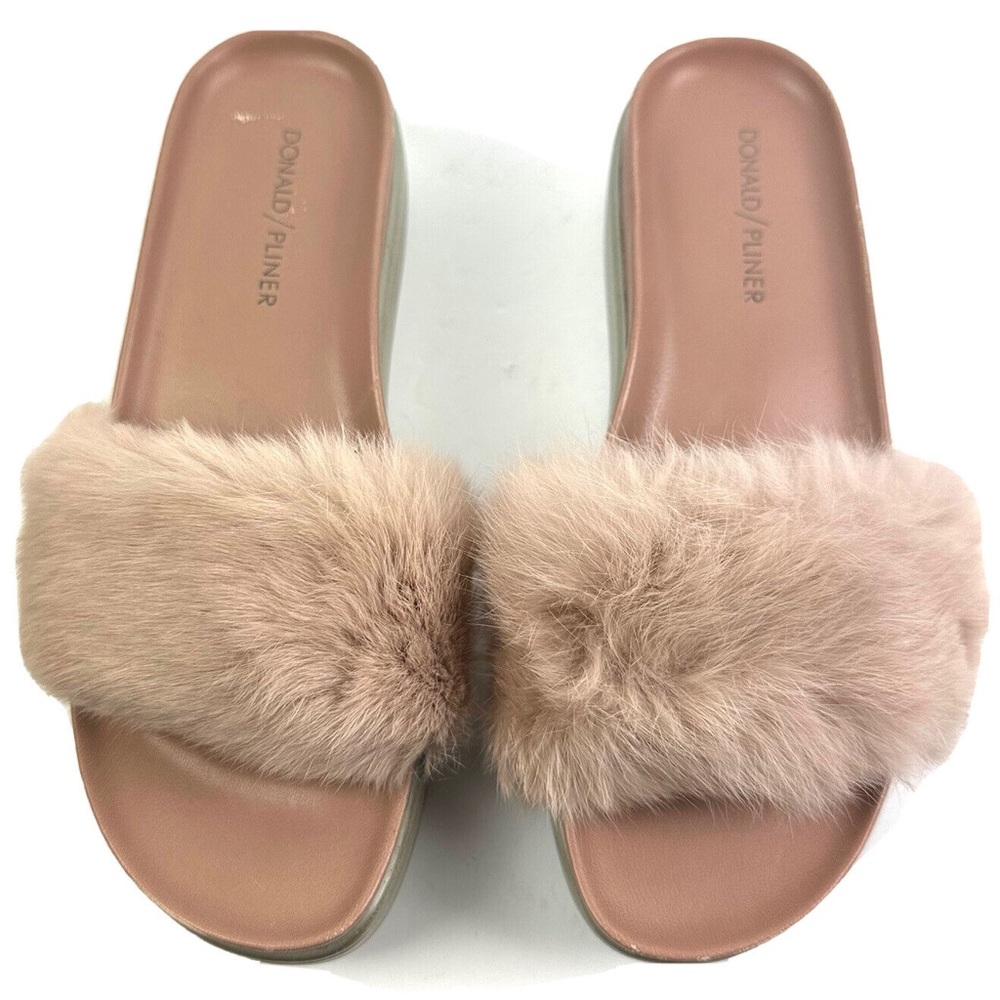 Donald J Pliner Furfi Blush Pink Rabbit Fur Platform Wedge Slide Sandals